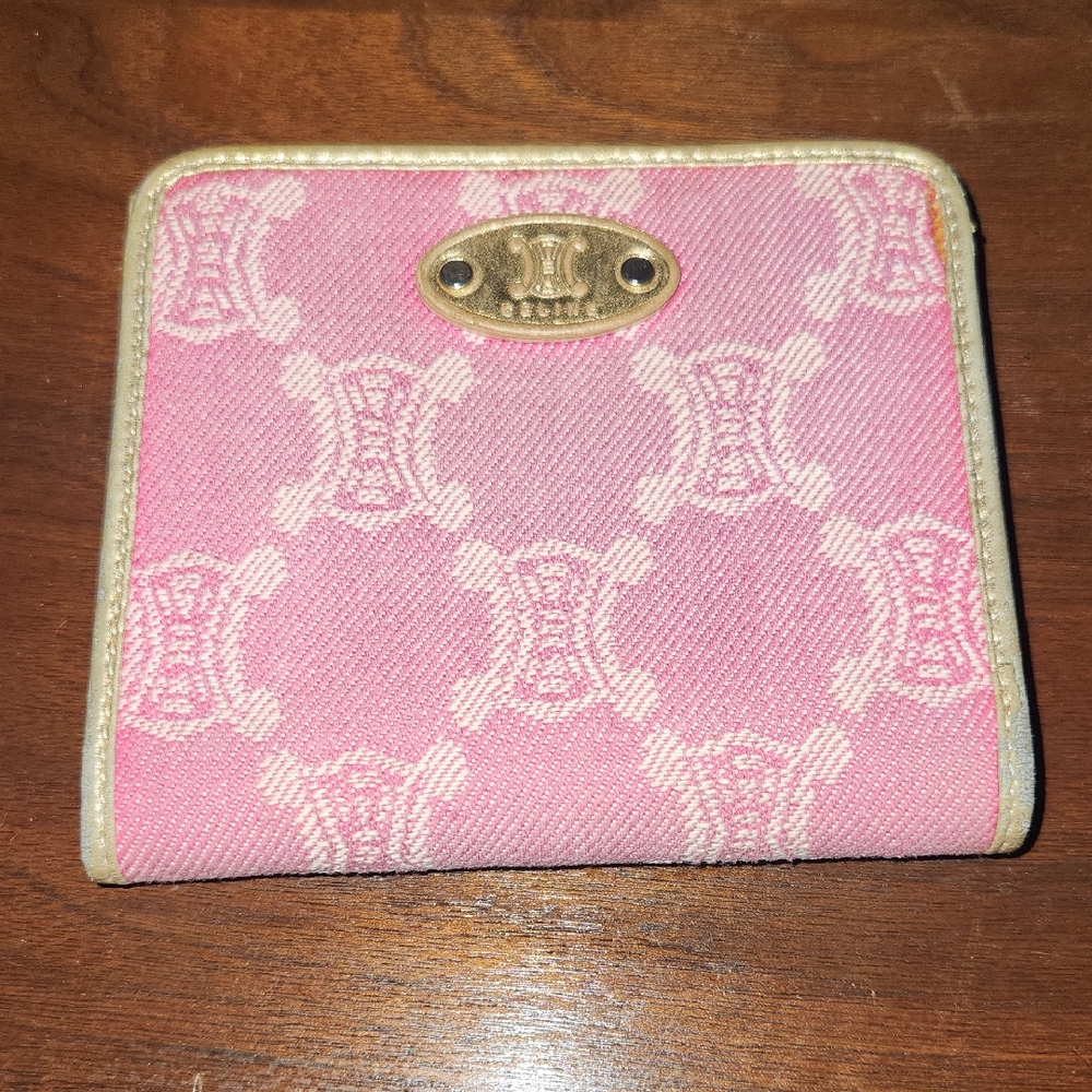 Celine Trifold Macadam Pink and Gold Print Denim and Leather